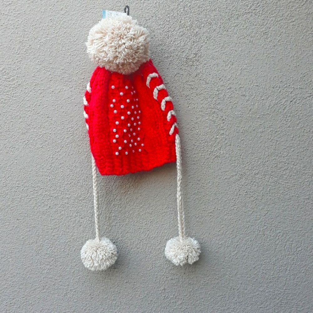Bright coral cabled pearl Giant pompom embellished hat Beanie